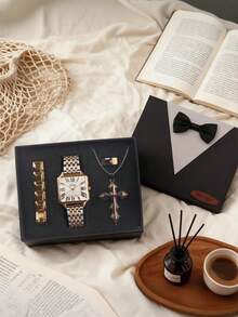 Exquisite Fashion Heavy Design Light Luxury Gold Jewelry Casual Style Gold Watch, Minority Style Necklace, Bracelet, Ring Men's Quartz Watch Jewelry Gift Box Set, Gift Box, Suitable For Birthdays, Year-End Grand Promotion, 4 Pieces/Set - Silver - View 5