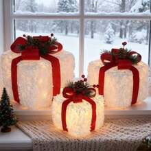 Juego de 3 cajas de regalo navideñas iluminadas, adornos navideños para exterior, adornos para árbol de Navidad, cestas de regalo navideñas iluminadas para decoración de jardín (blanco, 15/20/25 cm) - A - Ver 4