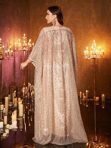 UNITHORSE Plus Size Women's Round Neck Batwing Sleeve Belted Long Luxury Beaded Lace Embroidered Robe Two Pieces Turkish Abaya Dress Spring - Champagne - View 5