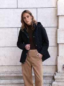 Women's Black Diamond Pattern Hooded Puffer Jacket With Belted Waist For Fall And Winter - Slimming, Warm And Fashionable Versatile Outerwear