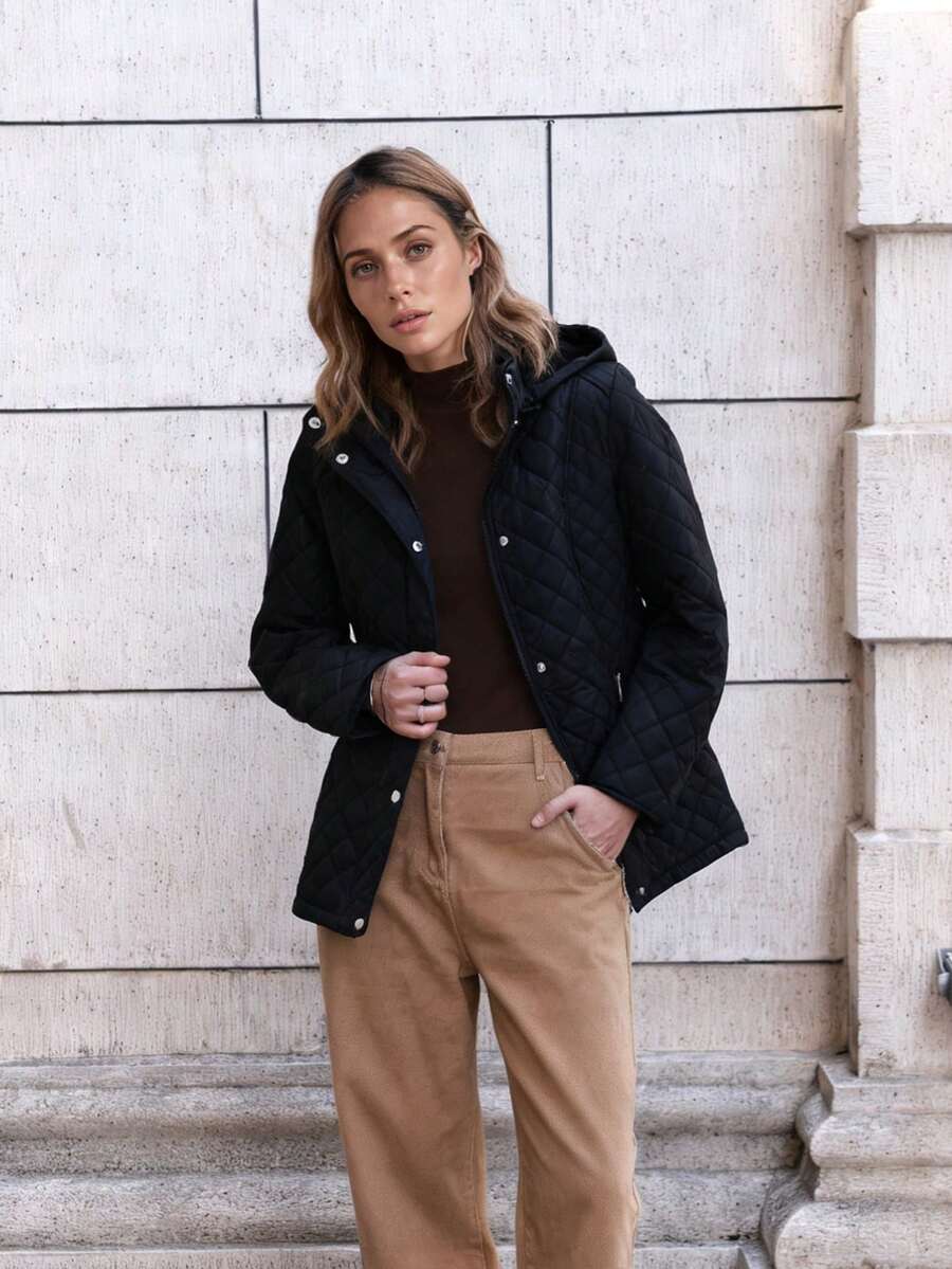 Women's Black Diamond Pattern Hooded Puffer Jacket With Belted Waist For Fall And Winter - Slimming, Warm And Fashionable Versatile Outerwear