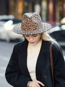1顶豹纹宽檐软呢帽，男女通用时尚爵士帽，羊毛毡帽，女士冬季服装