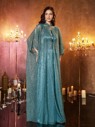  UNITHORSE 女士立领蝙蝠袖长款奢华串珠蕾丝刺绣腰带两件套土耳其长袍