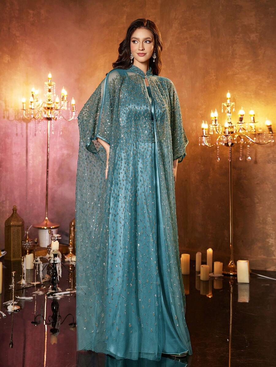 UNITHORSE 女士立领蝙蝠袖长款奢华串珠蕾丝刺绣腰带两件套土耳其长袍 - 藍色 - 查看 1