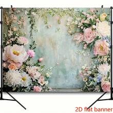 2D平面横幅牡丹蒲公英花卉婚礼背景布 - 粉色、白色、蓝绿色花朵 - 1個 - 查看 3