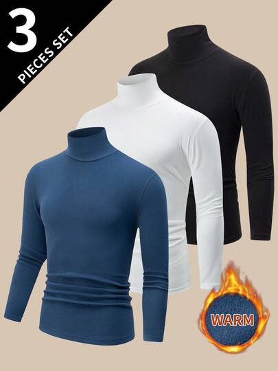 3 piezas Camisetas de cuello alto de manga larga con forro polar doble cara para hombres, sudadera informal cálida de otoño/invierno