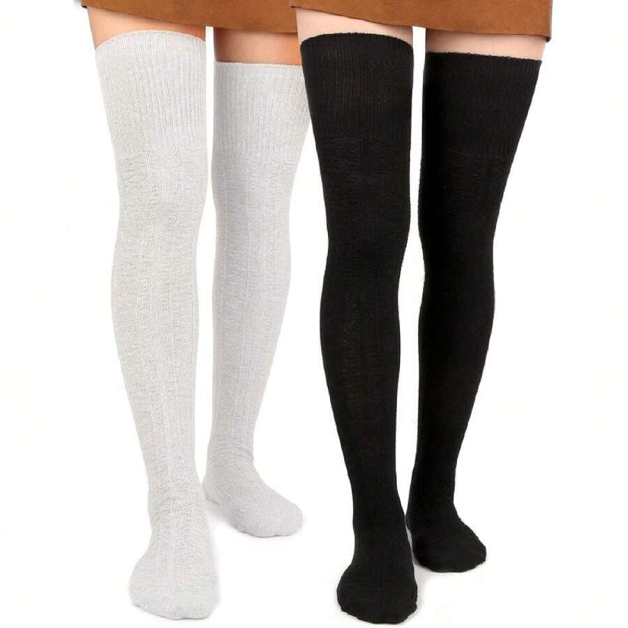 Women Thigh High Socks Extra Long Cotton Knit Warm Thick Tall Long Boot Stockings Leg Warmers,28126066 - 黑色 - 查看 1