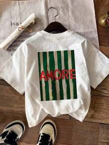 Summer T-Shirt, Simple Fashion Striped Design, English Print, Casual Round Neck White Short Sleeve T-Shirt, Elegant And Versatile Women's Top, Amore - 白色 - 查看 10