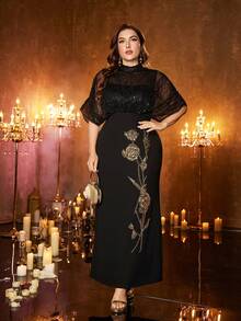 UNITHORSE Plus Women's Stand Collar Half Sleeve Sequins Mesh Fabric Patchwork Jersey Slim-Fitting Slit Evening Dress,Bridesmaid Dresses,Formal Dinner Dresses,Bridal Dresses,Wedding Guest Gown - Black - View 1