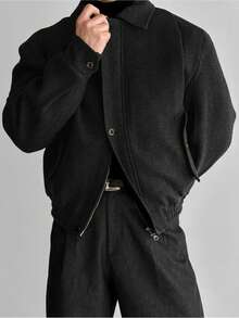 男士高品质加厚翻领羊毛混纺短款夹克，美式复古休闲时尚轻便防风外套，适合春、秋、冬季穿着。 - 黑色 - 查看 2