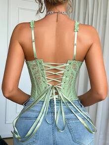 1 buah Camisole Pendek Bertekstur Transparan Motif Bunga Renda Warna Hijau Mint, Cocok untuk Pemakaian Sehari-hari/Pesta/Pernikahan, Atasan Tali Bahu Tipis - Hijau - View 5