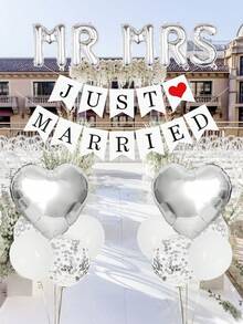 18件套 - 16英寸银色“Mr & Mrs”字母铝箔气球套装，包含“Just Married”横幅、白色乳胶气球、五彩纸屑气球和心形气球，适用于新娘送礼会、单身派对、婚礼、订婚、室内外装饰。 - 彩色 - 查看 6