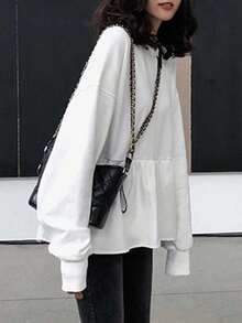 Camiseta de manga larga de color liso y corte holgado estilo coreano para mujer, ideal para estudiantes y para llevar de forma informal. Sudadera de mujer a la moda. - Blanco - Ver 3