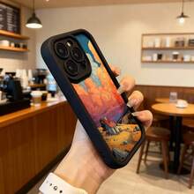 Cubierta de teléfono con borde negro diseño de paisaje al atardecer con casa en campo naranja y cielo dramático para uso diario en cafeterías y espacios interiores Aplicable a los teléfonos de la serie Apple y Galaxy - Negro - Ver 6