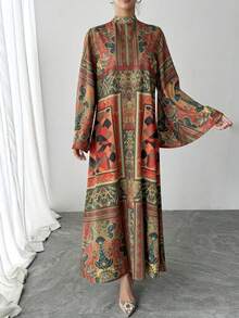 Đầm maxi in hoa thanh lịch với tay áo bồng bềnh, khóa kéo phía sau, kiểu dáng thoải mái, nhẹ nhàng, phù hợp cho các buổi tiệc tối sang trọng, kỳ nghỉ, áo choàng Abaya kiểu Ả Rập cho kỳ nghỉ xuân. - Đỏ - Xem 7