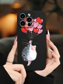 1PC Funda de teléfono TPU con diseño de erizo sosteniendo globos en forma de corazón, estilo tierno y romántico, combinación de ternura y celebración, protección para lente, resistente a caídas, textura mate suave, ideal para mujeres, amantes de los animales y personas que buscan un toque dulce, regalo especial, compatible con iPhone16/15/14/13/12/11/XS/XR/X/PLUS/PRO/PROMAX, compatible con Galaxy A21/A24/A25/A32/A34/A35/A54/A55, Galaxy S20/S21/S22/S23/S24 Ultra, agarre cómodo, regalo de temporada para amigos, novia, novio, familia - Negro - Ver 1