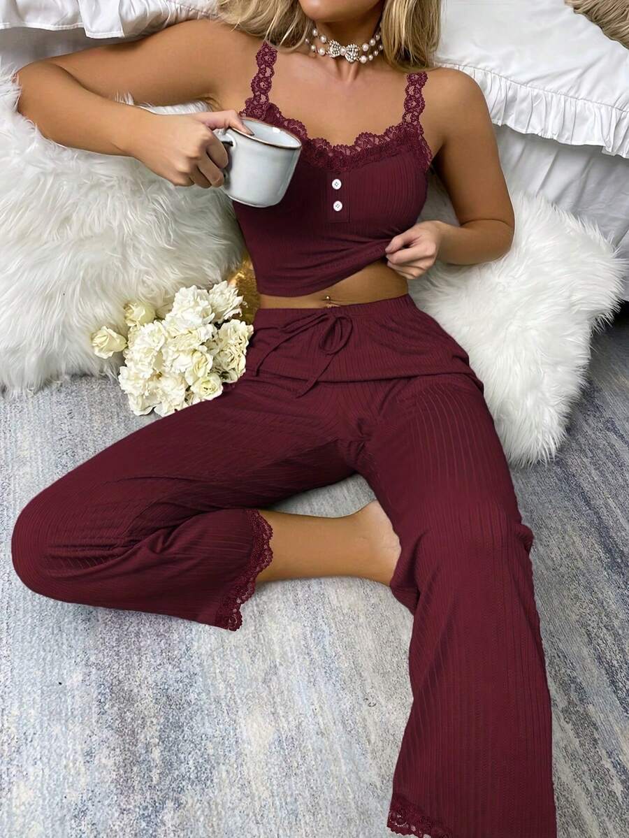 Ladies' Comfortable Striped Pajama Set - Sexy Lace Halter Pants And Shorts, Solid Color, Sleeveless, V-Neck, Long Style, Casual Style, Suitable For All Seasons, Casual Home Wear/V-Neck Halter Pants/Striped Fabric - Rượu vang đỏ - Xem 1
