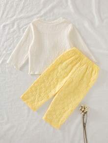 2pcs Set Baby Girls Floral 3D Embroidery Long Sleeve T-Shirt & Flower Jacquard Pants, Sweet & Chic Style, Casual & Versatile - Yellow - View 9