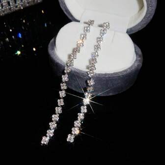 1 Pair Square Rhinestone Tassel Earrings, Casual Minimalist Accessory