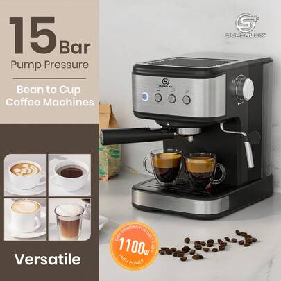 SUPERLEX 15Bar Espresso Machine With Milk Frothing System. It Is Equipped With 1-Cup And 2-Cup Stainless Steel Coffee Powder Filters, As Well As A Measuring Spoon. Suitable For Making Lattes And Cappuccinos, It Is Made Of Stainless Steel.