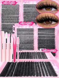 720PCS/666PCS Lash Clusters Kit,D-Curl Voluminous False Eyelashes | 0.07mm Ultra-Thin Layered Design, Eyelashes8-16mm Mixed Lengths, Natural Thickened Style, Reusable & Beginner-Friendly, Includes Glue, Tweezers, And Eyelash Brush Tools - Suitable For Home Or Salon Use, DIY Application Tools For Dramatic Eye Makeup, Perfect For Various Parties/Travel/ And Events