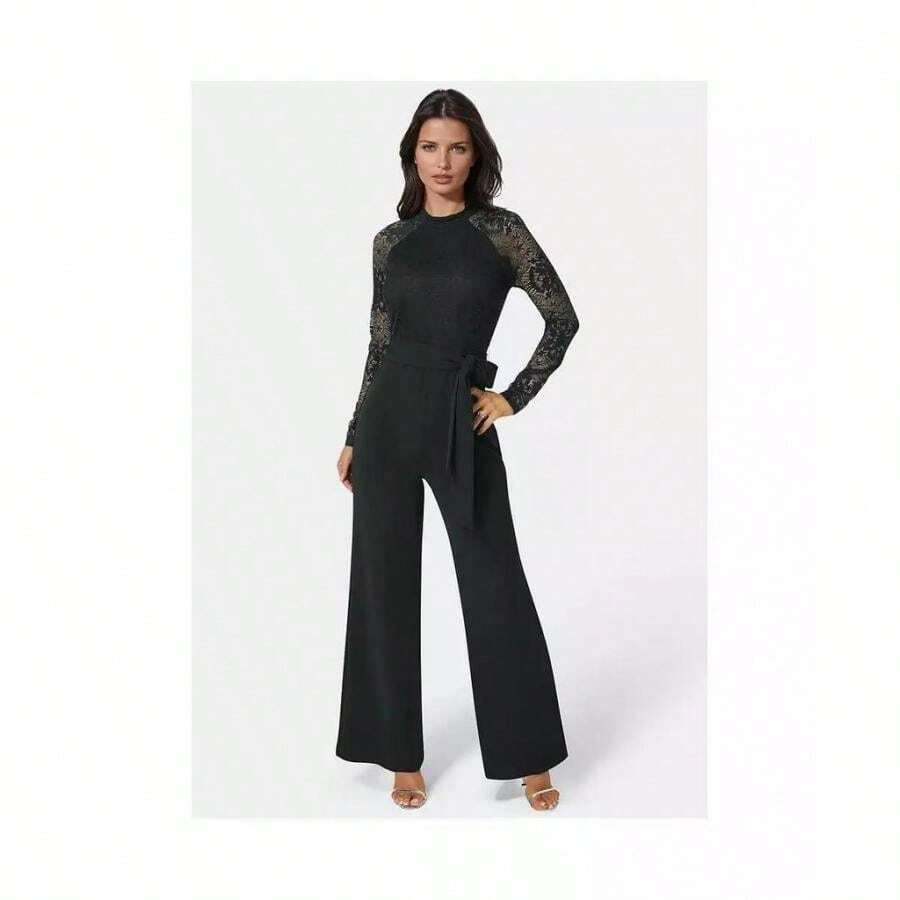 Bebe Women's Lace And Bodice Straight Leg Jumpsuit. |  | Women Outdoor Leggings - 黑色 - 查看 1