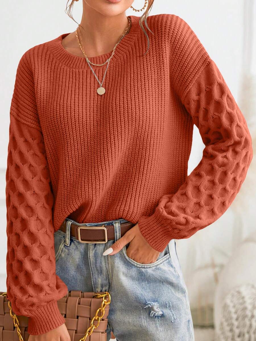 Women's Winter Pullover Sweater Casual Long Sleeve Round Neck Loose Thick Knit Pullover Shirt - 橘色 - 查看 1