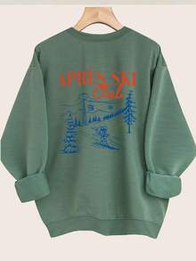 [Front And Back Double-Sided Print]Women's Casual Top Retro Style Skiing Cable Car APRES SKI Club Print Round Neck Long Sleeve Sweatshirt [Ling]Winter Clothes For Women,Christmas Gifts - 綠色 - 查看 3