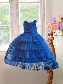 优雅多层薄纱拖尾连衣裙，适合年轻女孩，可用于旅行、度假和各种场合，不含头饰 - 藍色 - 查看 4