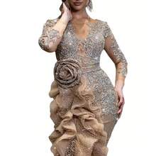 New Women's Clothing Independent Station Sexy Gold-Embellished Long-Sleeve Evening Dress With Train New Style - 圖片色 - 查看 6