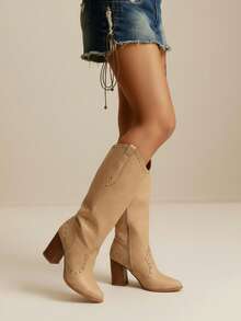 Bota Vaquera Cowgirl,Botas occidentales de moda de tacón grueso con cremallera lateral y puntera puntiaguda bordada para mujer, botas medianas de un solo color | Botas Chelsea de mujer - Caqui - Ver 7