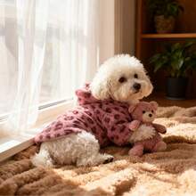 Leopard Print Plush Pet Hooded Jacket, Zipper Design, Warm & Fashionable For Poodle, Teddy, Small/Medium Pets, Autumn/Winter Outdoor Warm Coat