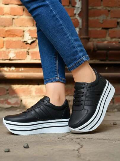 MUJER TENIS CASUALES CON CORDONES DE PLATAFORMA ALTA MODA CUÑA JUVENILES