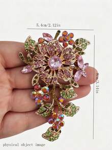 1pc Full Rhinestone Flower Brooch, Fashion Exaggerated Luxury Crystal Corsage Pin Accessory For Women - Pink - View 3