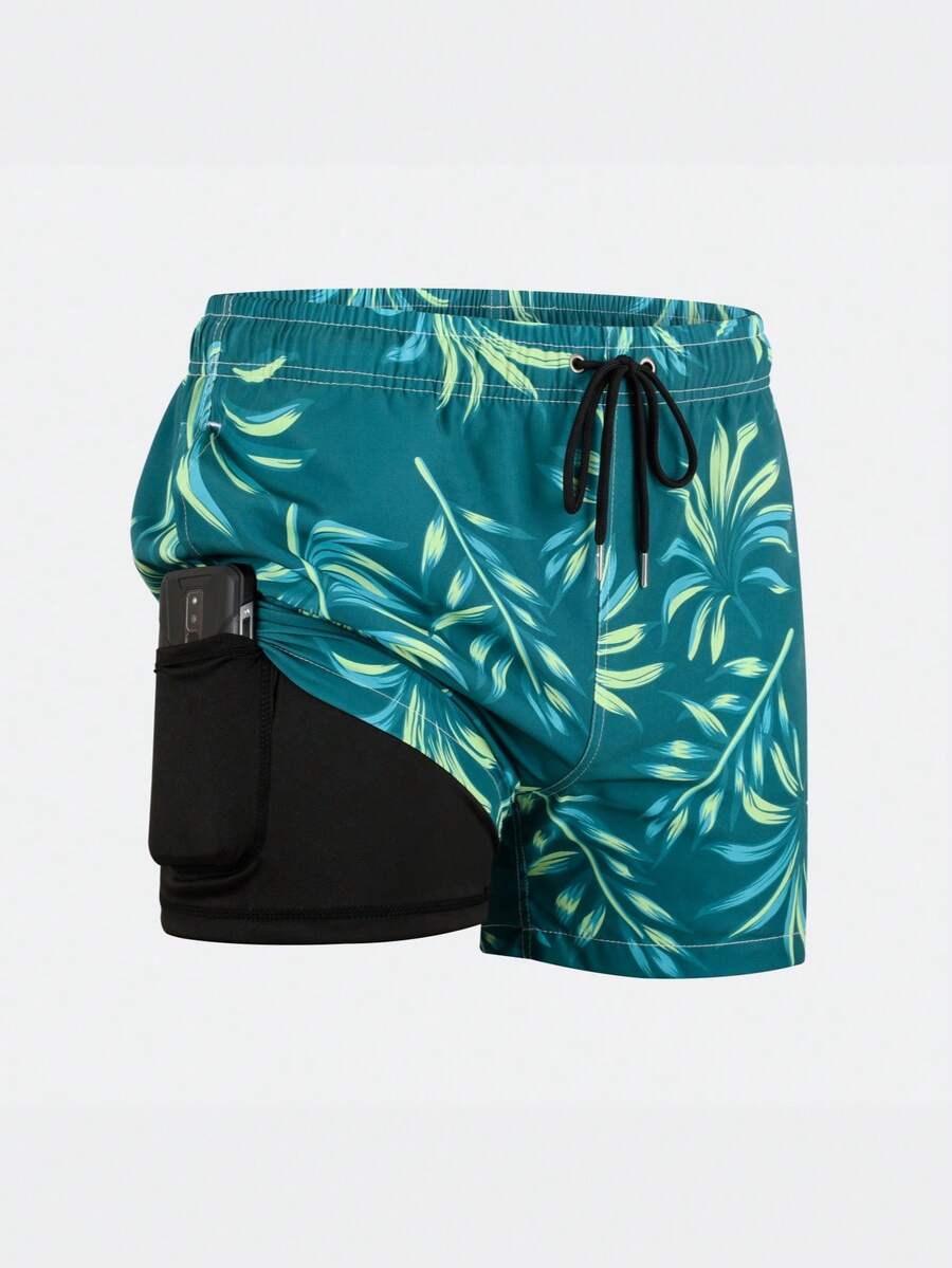 Men's Casual Printed Swim Trunks With Pockets, Beach Shorts - Green - View 1