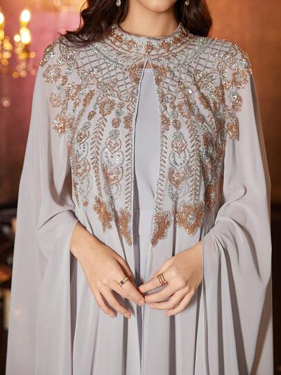  UNITHORSE Women's Stand Collar Flared Sleeve Belted Long Luxury Beaded Lace Embroidered Abaya Robe Set