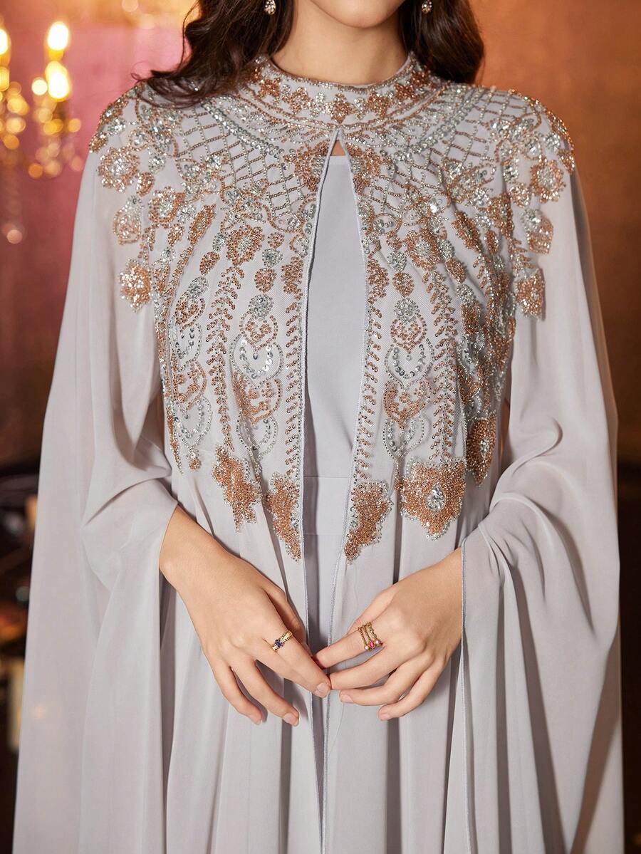 UNITHORSE Women's Stand Collar Flared Sleeve Belted Long Luxury Beaded Lace Embroidered Abaya Robe Set - Khaki - View 1