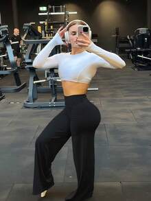 High Waist Flare Yoga Pants, Butt Lifting, Stretchy, Loose Flare Leg Sports Pants, Machine Washable, For Women - Black - View 7