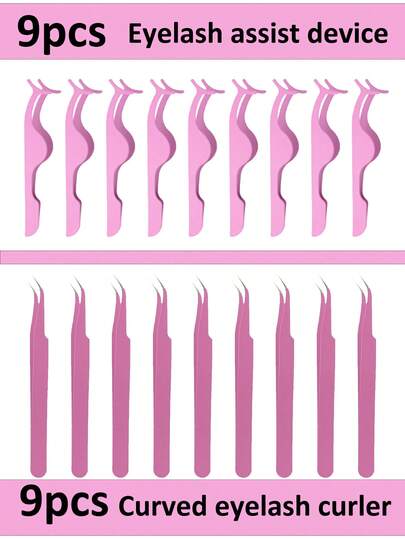 9pcs Curved Eyelash Curler And 9pcs Eyelash Assist Device Stainless Steel Elbow Tweezers Grafting Eyelash Curler Multifunctional For Extending And Shaping Lashes False Eyelash Tweezers Eyelash Clip False Eyelash Wearing Novice Oblique Mouth High-Precision Implantation And Grafting Of False Eyelashes, Stainless Steel Tweezers Clip, Eyelash Stylist Auxiliary Tool