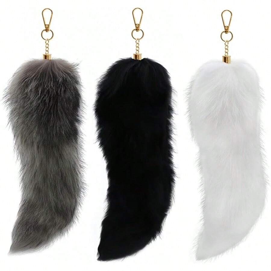 3 Pack Fox Therian Tail Keychain, Atiofber 1575in Furry Faux Fur Tail Raccoon Tails Wolf Bag Charm Halloween CosplayChristmas - Grey Black and White - View 1