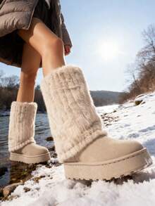 New Beige Tall Snow Boots For Women, Thick Sole Platform Mid-Calf Boots, Thermal Lined Casual Warm Fashion High-Grade Suede Flat Mid-Heel Comfortable Non-Slip Plus Size Furry Slip-On Boots - Beige - View 5