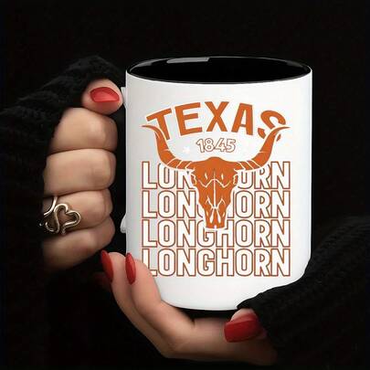 1pc Texas Longhorn Coffee Mug - Heavy-Duty 11oz Ceramic Cup With Black Interior For Hot/Cold Drinks, Texas-Shaped Design - Perfect For Home, Office, Tailgating, Game Day - Great Gift For Texas Fans & Longhorns Alumni, Coffee Lover Gifts, Travel Drinkware, Rustic Aesthetic, Durable Drinkware