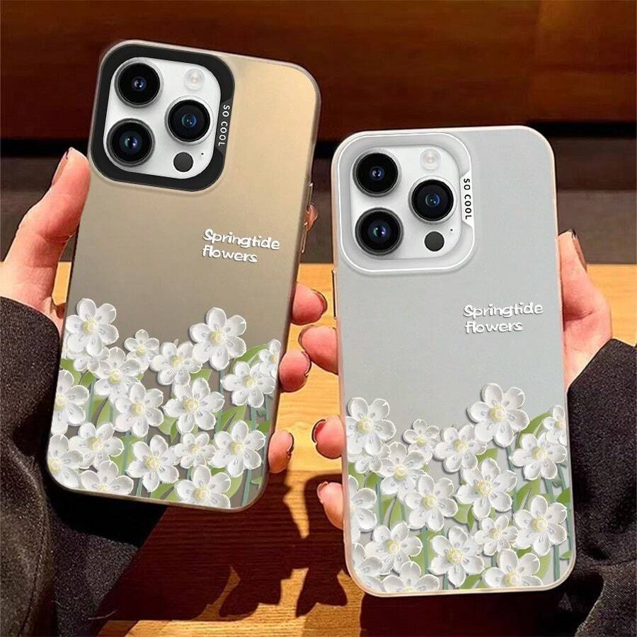 Acryl Handyhülle für iPhone 17 Pro Max, 16 Pro, 15 Plus/14/13/12/11, Mattes Design mit Weißen Blumen-Print, Springtide Flowers Motiv, Anti-Kratz & Schock-absorbierend,  Handy-Schutz - Schwarz - Übersicht 1