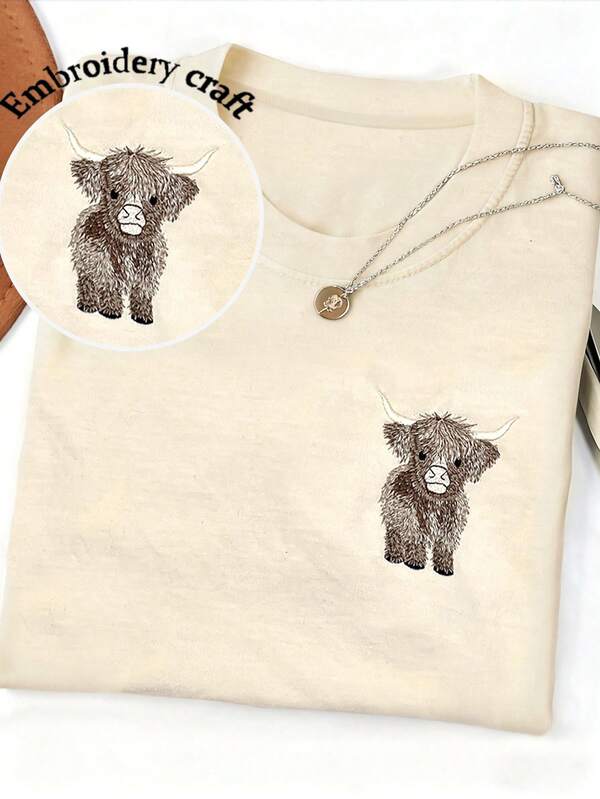 Women's Casual Crew Neck Short Sleeve Embroidered Highland Cow T-Shirt, Retro Vintage Style, Coffee Color