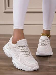 女士透气舒适轻便厚底运动鞋，混合网布和皮革，适合健身房、旅行