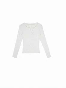 Women's Shoulder Button Closure Fitted Turtleneck Long Sleeve T-Shirt, Minimalist Design - Grey - View 2