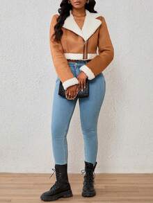 Chaqueta Con Forro De Peluche De Estilo Abierto Y Con Cremallera Casual Para Mujer,Otoño E Invierno,Chamarra,Abrigos Para Mujer Invierno,Cazadora - Marrón - Ver 4