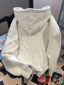 1件女士灰色抽绳连帽卫衣，纽约英文印花休闲宽松长袖街头风卫衣上衣，ins风 - 灰色 - 查看 3