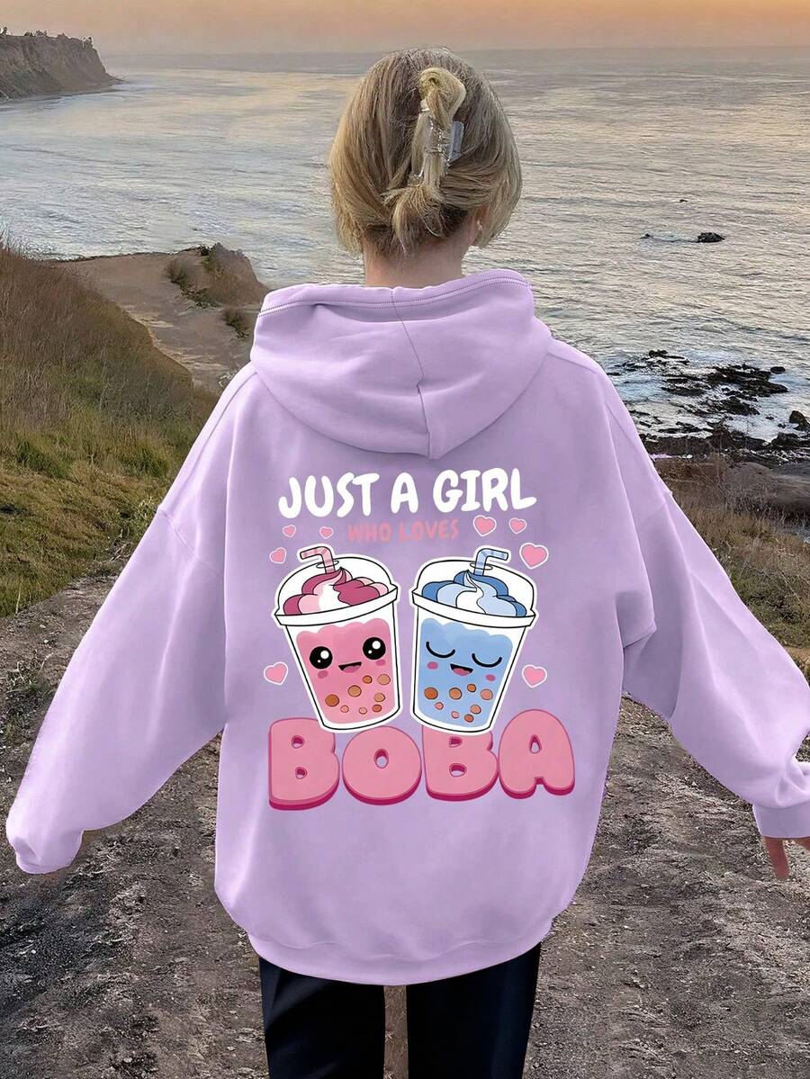 Oversized Smiling Drink Print Hooded Sweatshirt For Teenage Girls - Mauve Purple - View 1