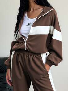 Plus Size Women 2 Piece Set Color Block Patchwork Casual Elegant Zip Up Hoodie Sweatshirt Set, Suitable For Sportswear, Loungewear, Office, Street, Spring Autumn Winter, Graduation, Back To School, Female Teacher Outfit, Plus Size Loose Long Sleeve Top For Women In Autumn/Winter - Brown - View 2